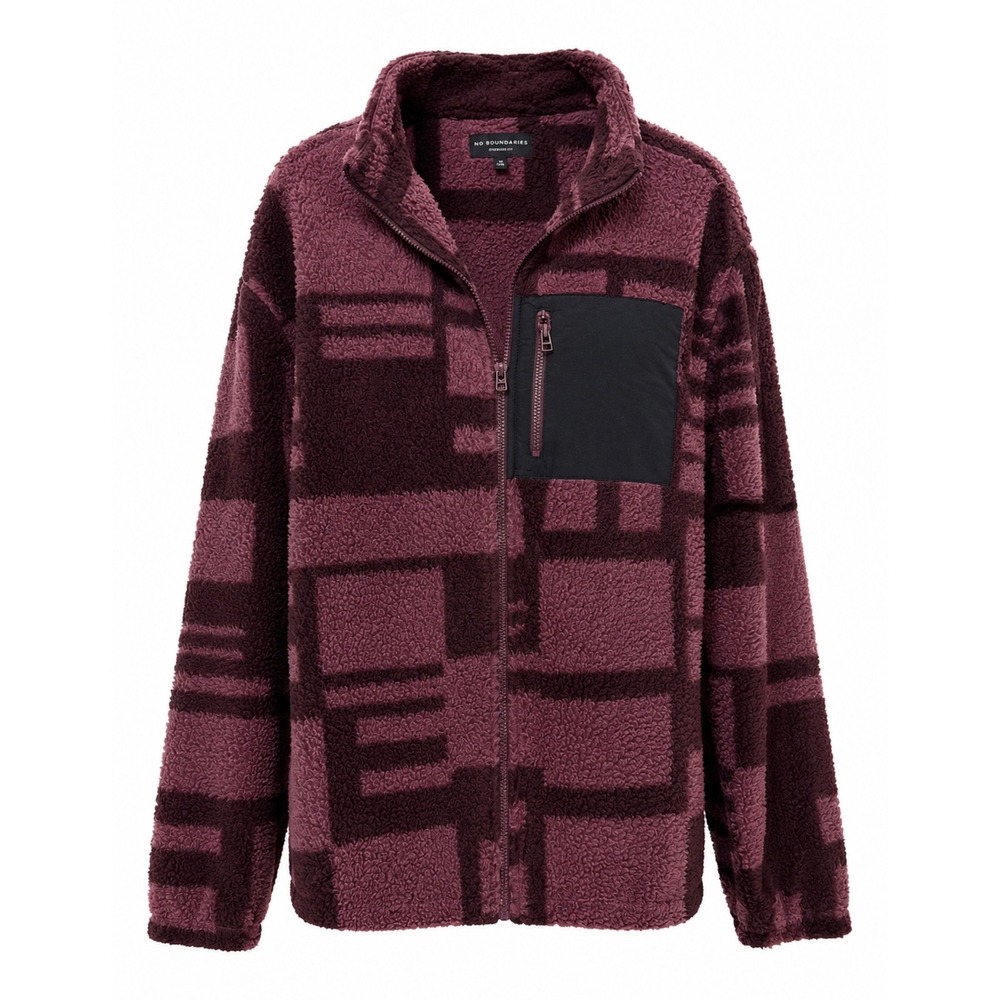 No Boundaries Fleece Jacket Women L Burgundy NEW Oversized Sherpa Geometric Zip